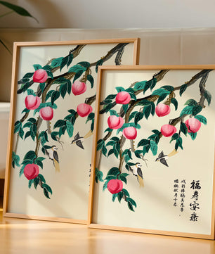 Delicate illustration of peach tree with birds and calligraphy