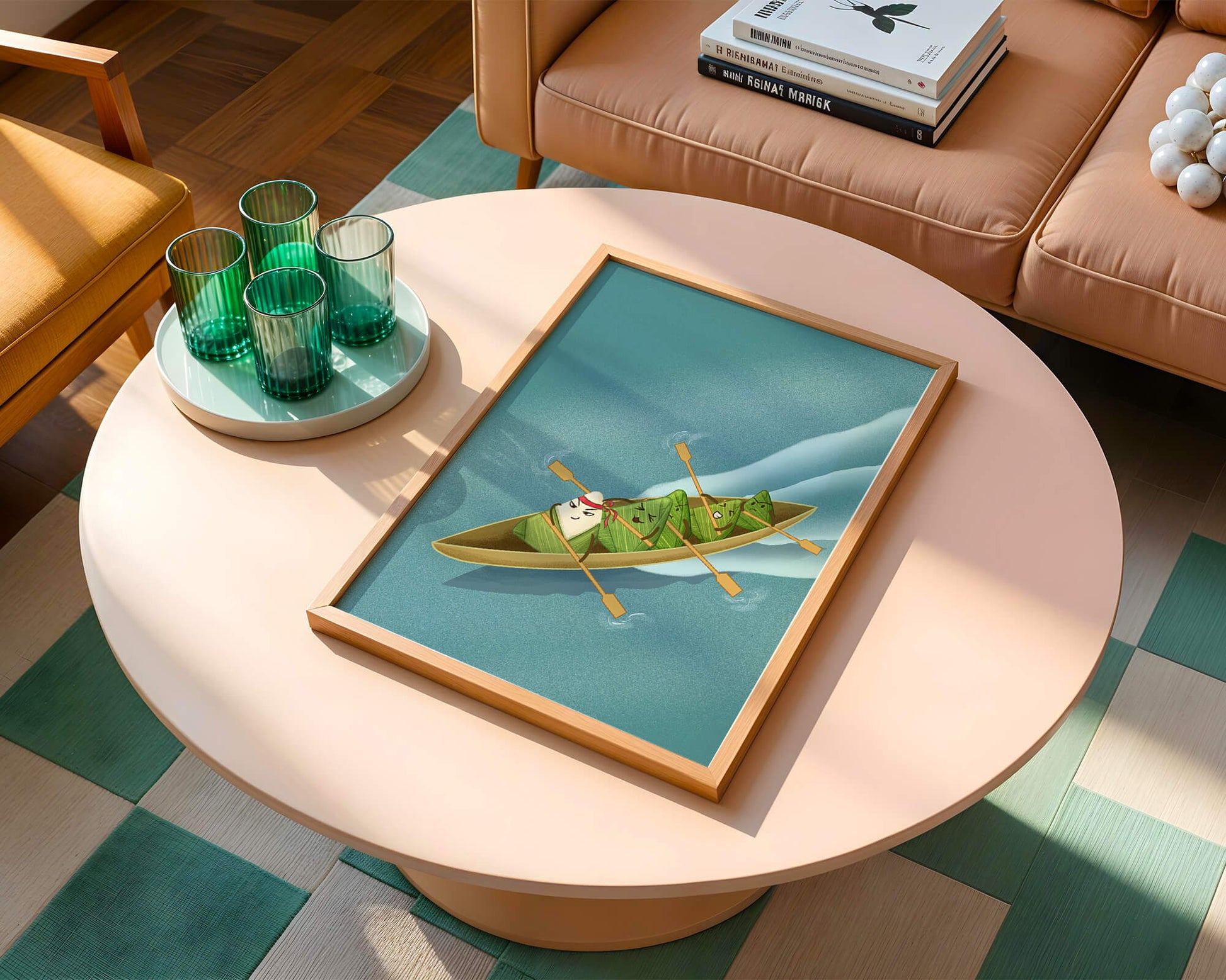 Charming illustration of rice dumplings rowing a boat with expressions