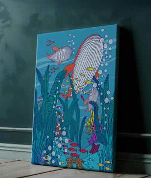 Underwater world illustration with whales and fish amidst seaweed