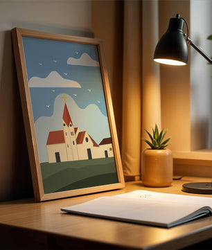 Idyllic Church Landscape with Golden Cross and Blue Sky