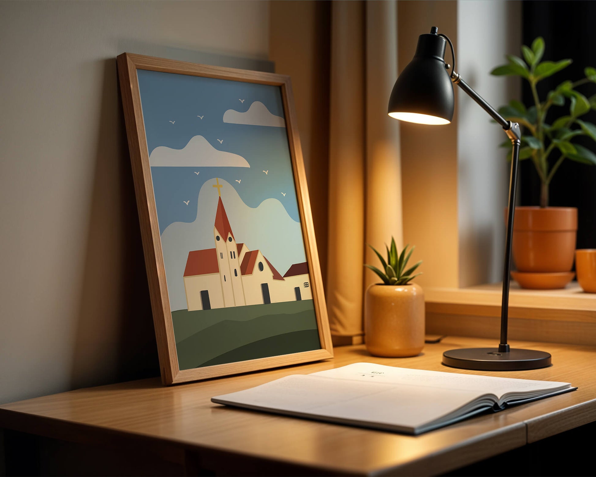 Paisaje idílico de iglesia con cruz dorada y cielo azul