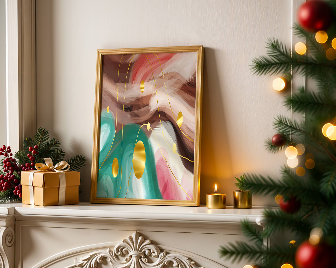 Abstract colorful swirl design with golden circles