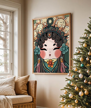 Ilustración encantadora de una muñeca china tradicional con tocado floral