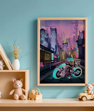 Futuristic Cyberpunk Cityscape with Neon Rider and Motorcycle