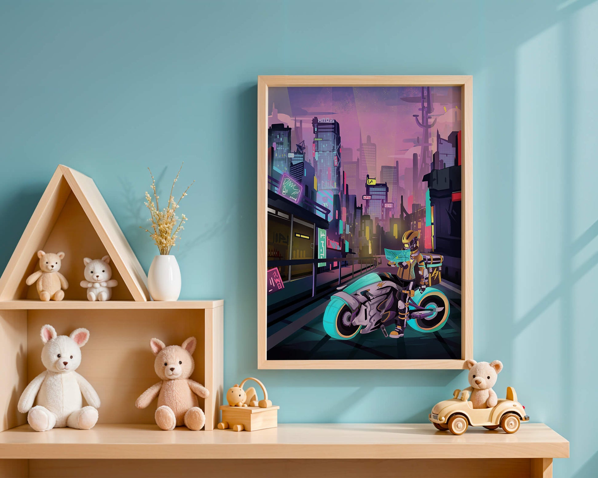Futuristic Cyberpunk Cityscape with Neon Rider and Motorcycle