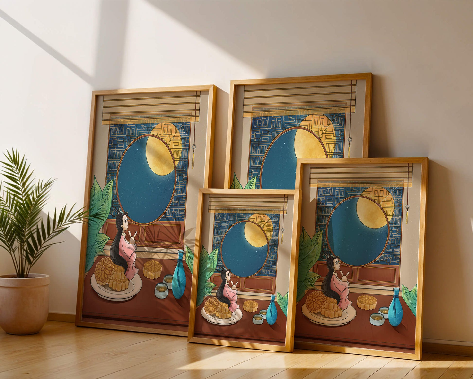 Tranquila escena nocturna con pasteles de luna y una figura mítica