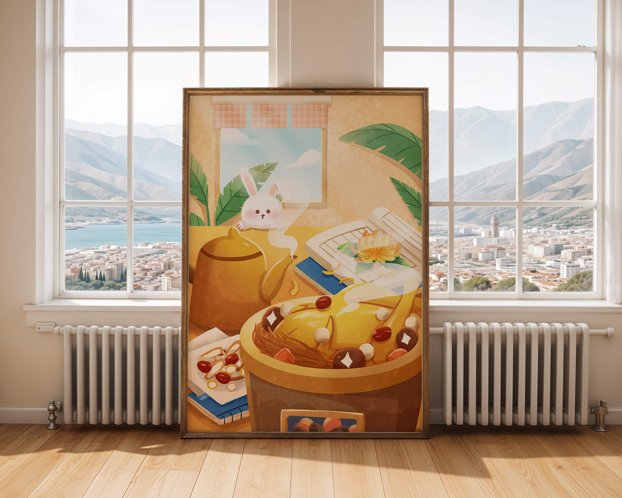 Cozy kitchen scene with cute bunny, teapot, and golden dessert
