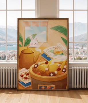 Cozy kitchen scene with cute bunny, teapot, and golden dessert