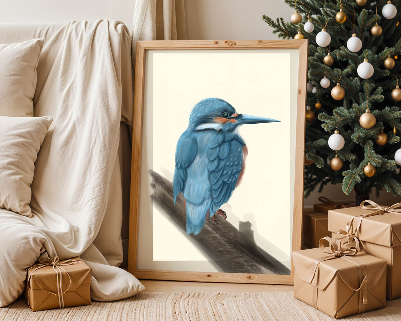 Illustration of a vibrant blue bird on a branch