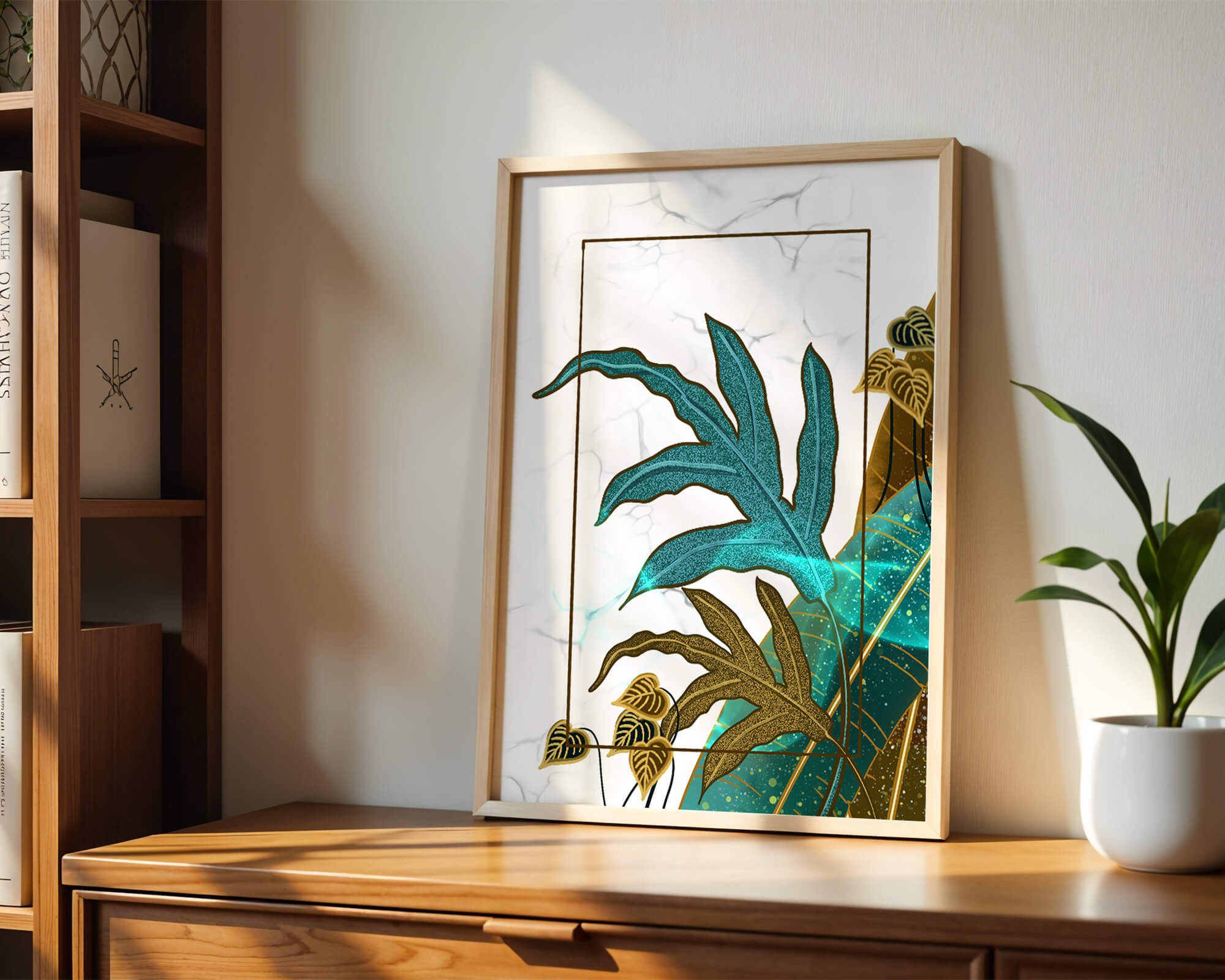 Abstract botanical art with blue and gold leafy designs
