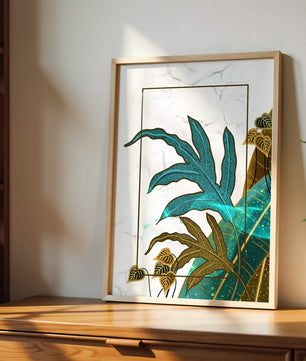 Abstrakte botanische Kunst mit blauen und goldenen Blattmustern
