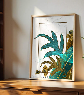 Abstract botanical art with blue and gold leafy designs