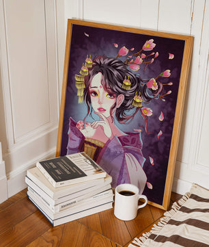 Retrato de anime elegante con acentos florales y dorados