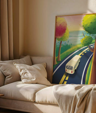 Scenic Road Trip with Vibrant Trees and Sunset