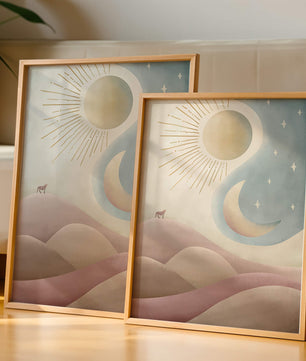Minimalist landscape with sun, moon, and wolf in pastel hues