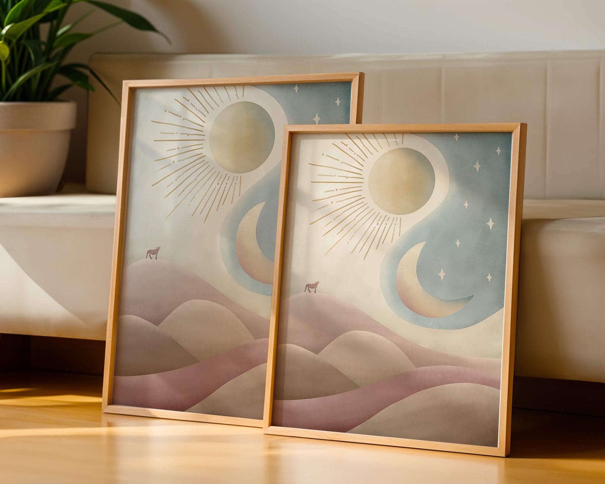 Minimalist landscape with sun, moon, and wolf in pastel hues