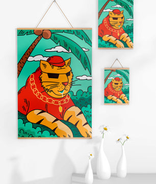 Stylish cartoon tiger lounging under a tropical palm tree with gold accessories