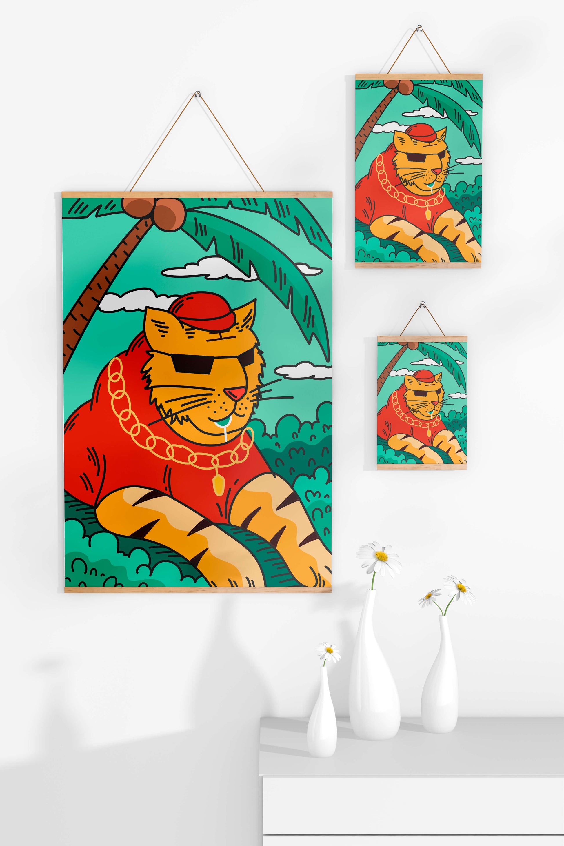 Stylish cartoon tiger lounging under a tropical palm tree with gold accessories