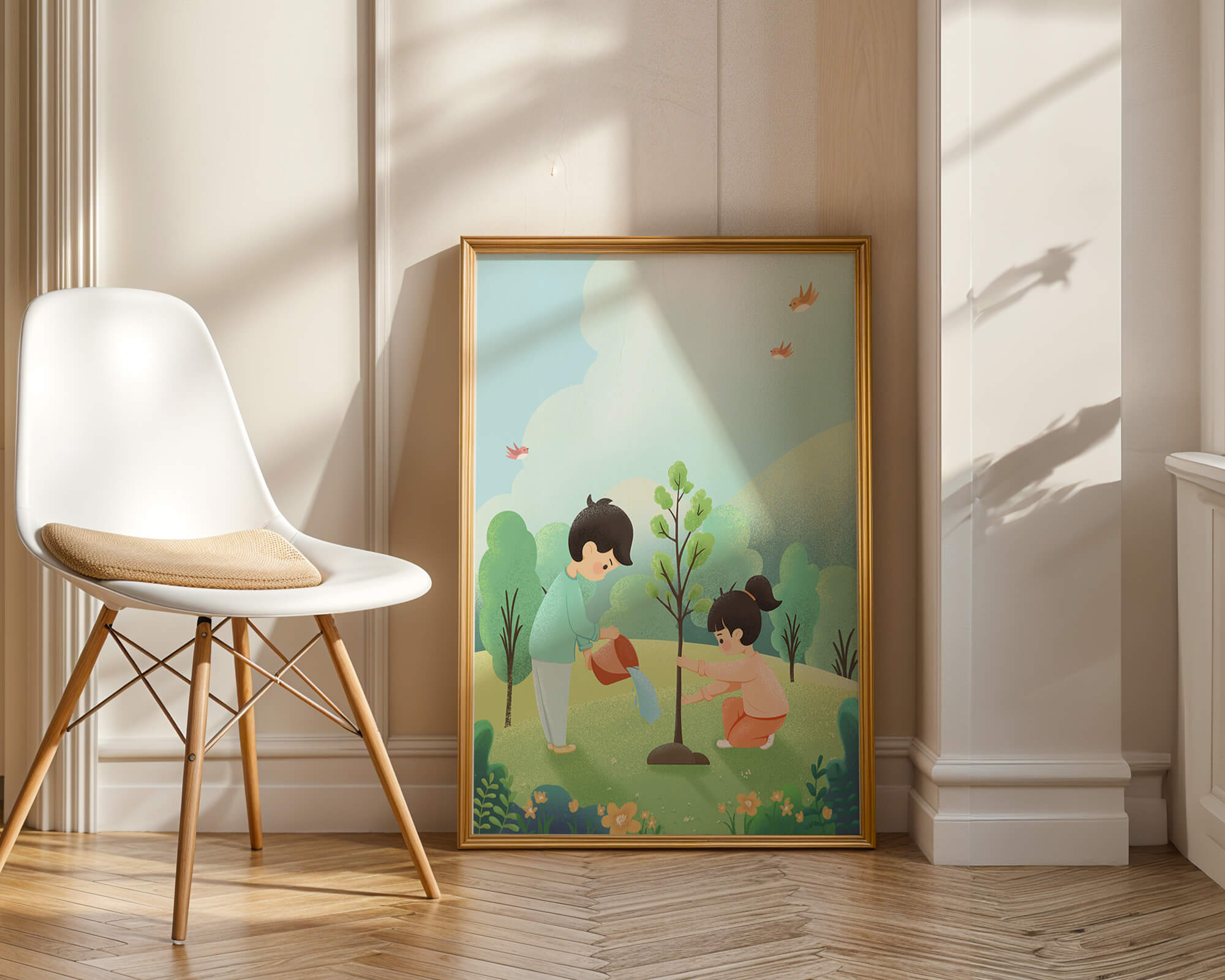 Children nurturing a young tree in a lush green landscape