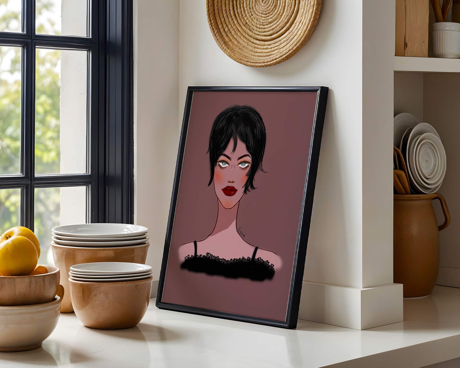 Illustration of a woman with short black hair and striking makeup on a brown background