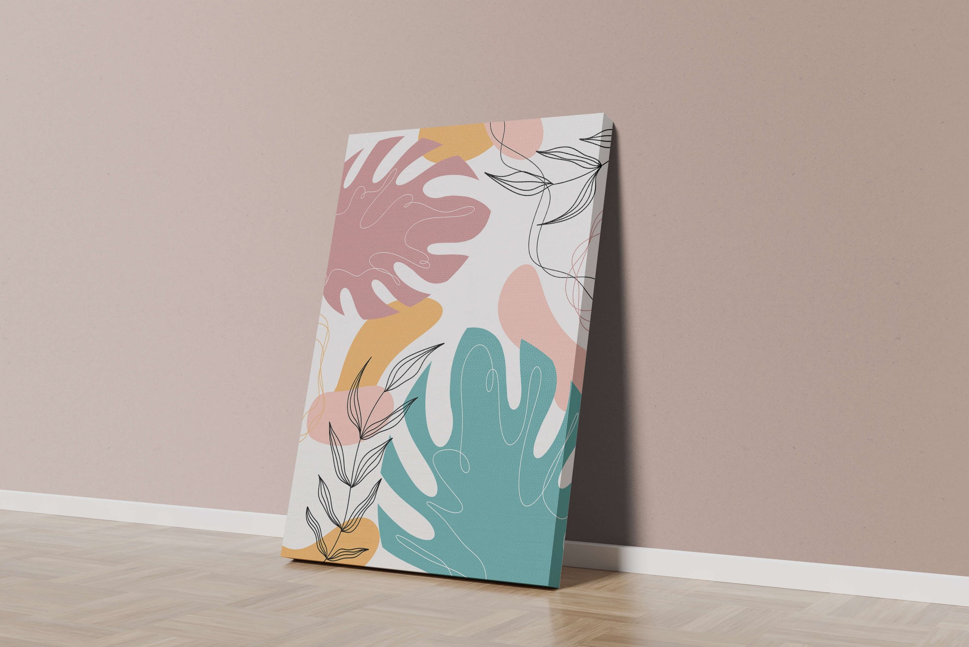 Abstract botanical illustration with colorful leaf patterns