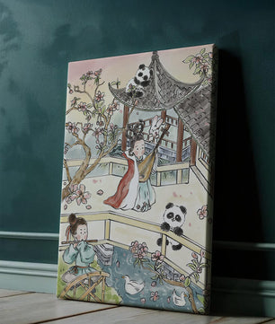 Tranquil Asian Garden Scene with Pandas and Blossoms