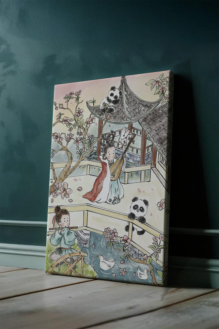 Escena tranquila de jardín asiático con pandas y flores