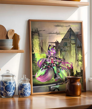 Cyberpunk-Anime-Figur im futuristischen Stadtbild 
