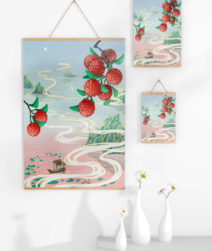 Idyllic Landscape with Lush Lychee Branches and Serene Waterscape