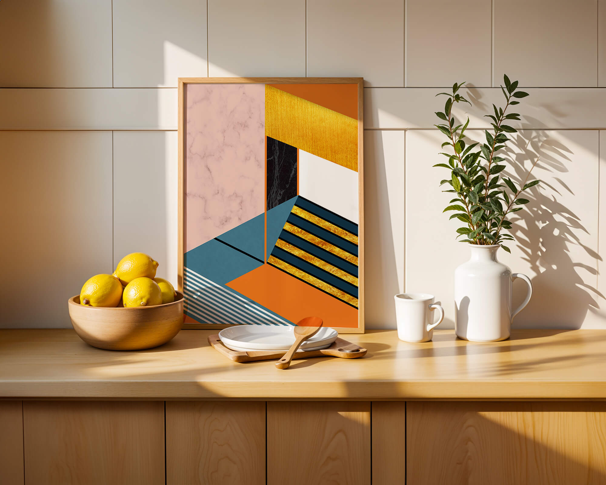 Abstract geometric design with marble and gold textures