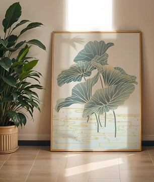 Elegant botanical illustration featuring large leaves with golden accents