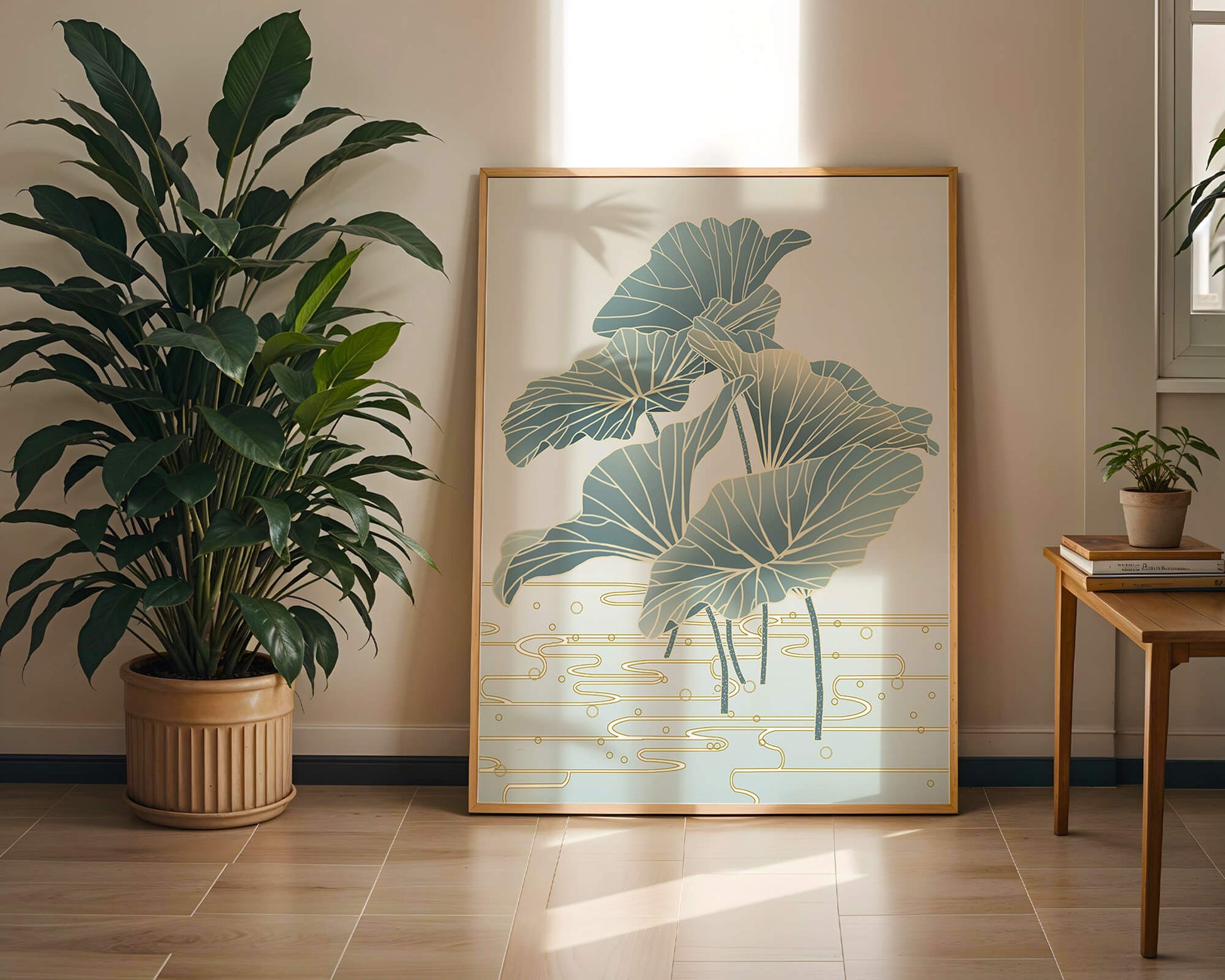 Elegant botanical illustration featuring large leaves with golden accents