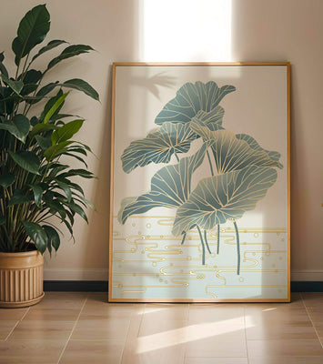Elegant botanical illustration featuring large leaves with golden accents