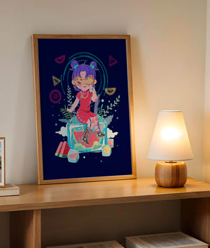 Personnage de dessin animé coloré avec des éléments futuristes