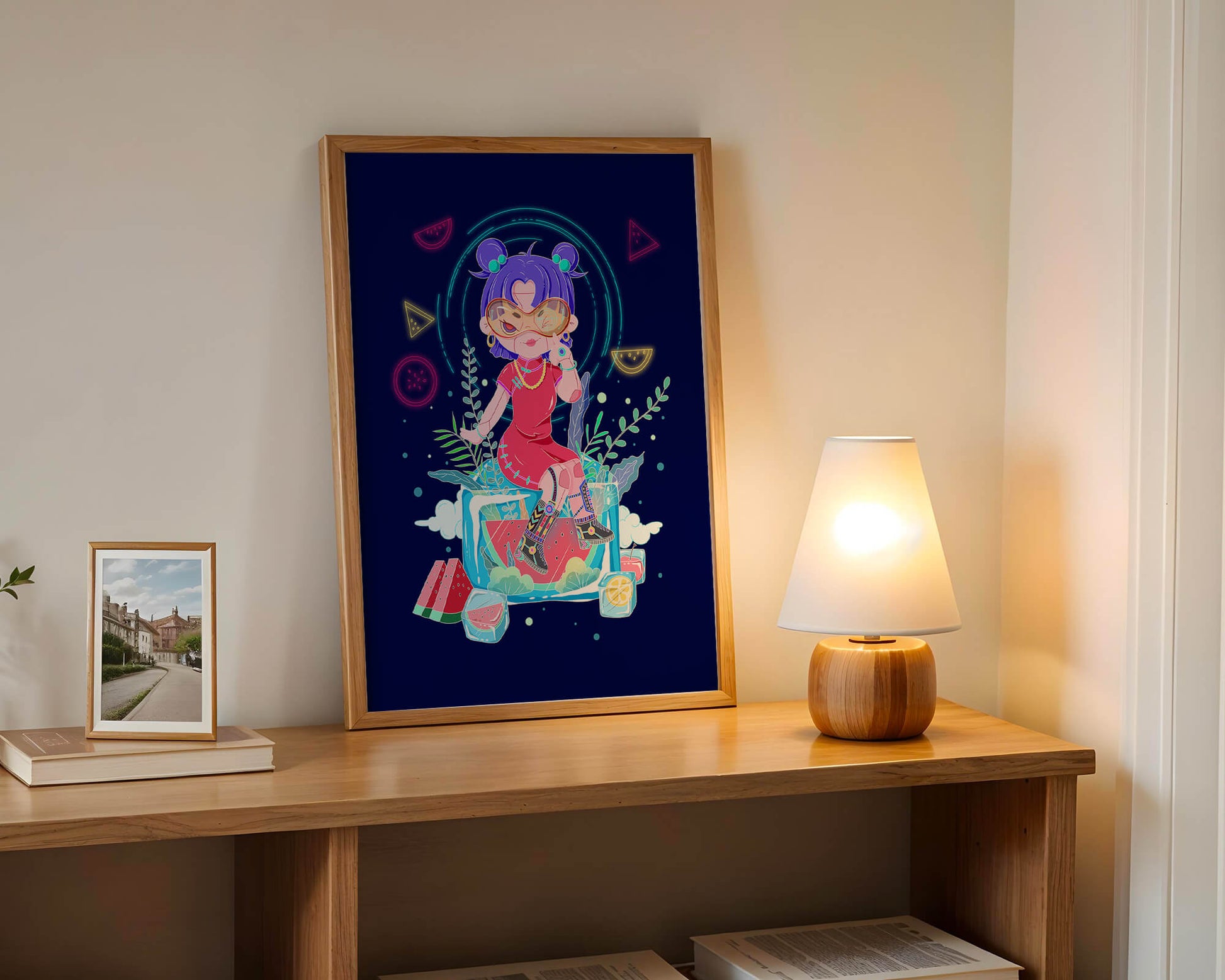 Personnage de dessin animé coloré avec des éléments futuristes