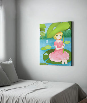 Whimsical Illustration of a Young Girl in a Pink Dress Sitting on a Lily Pad