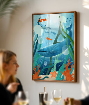 Underwater scene with whale, fish, and sea plants illustration