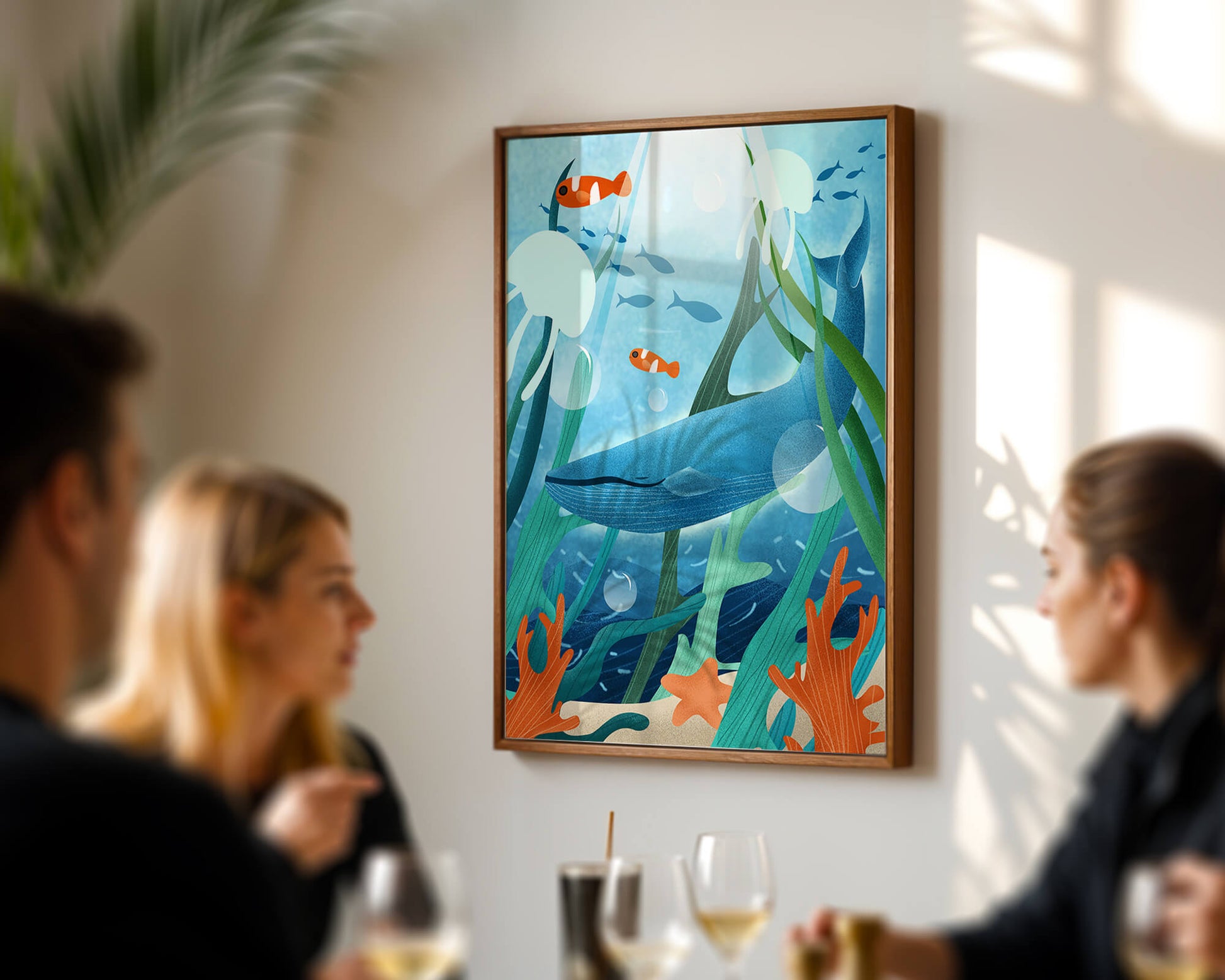 Underwater scene with whale, fish, and sea plants illustration
