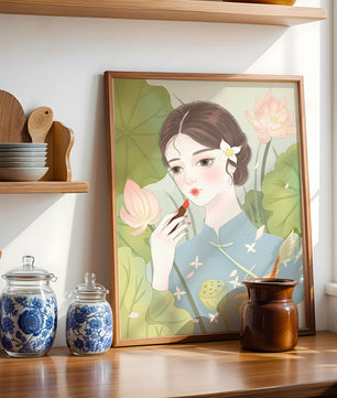 Elegant Woman in Traditional Dress with Lotus and Koi Fish - Mi tienda