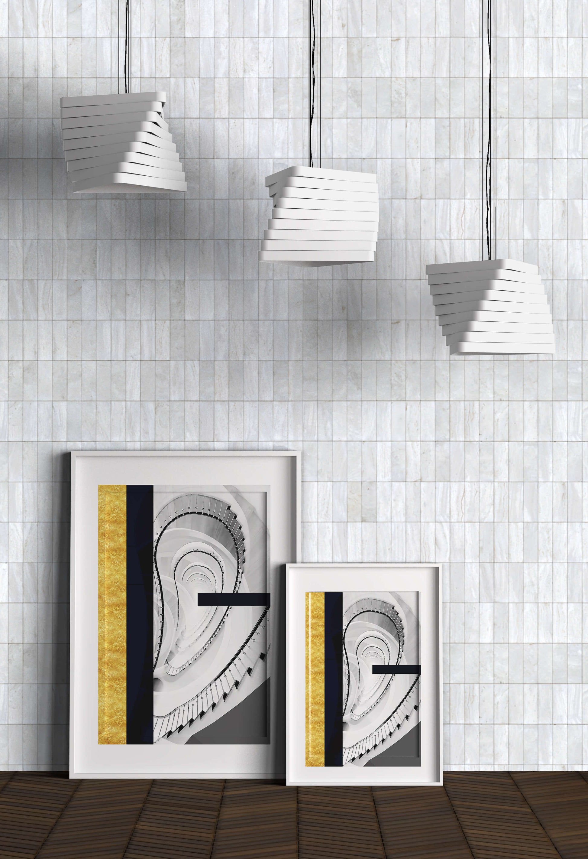 Abstract spiral staircase with a gold accent design