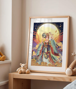 Elegant fantasy illustration with celestial elements and rabbit