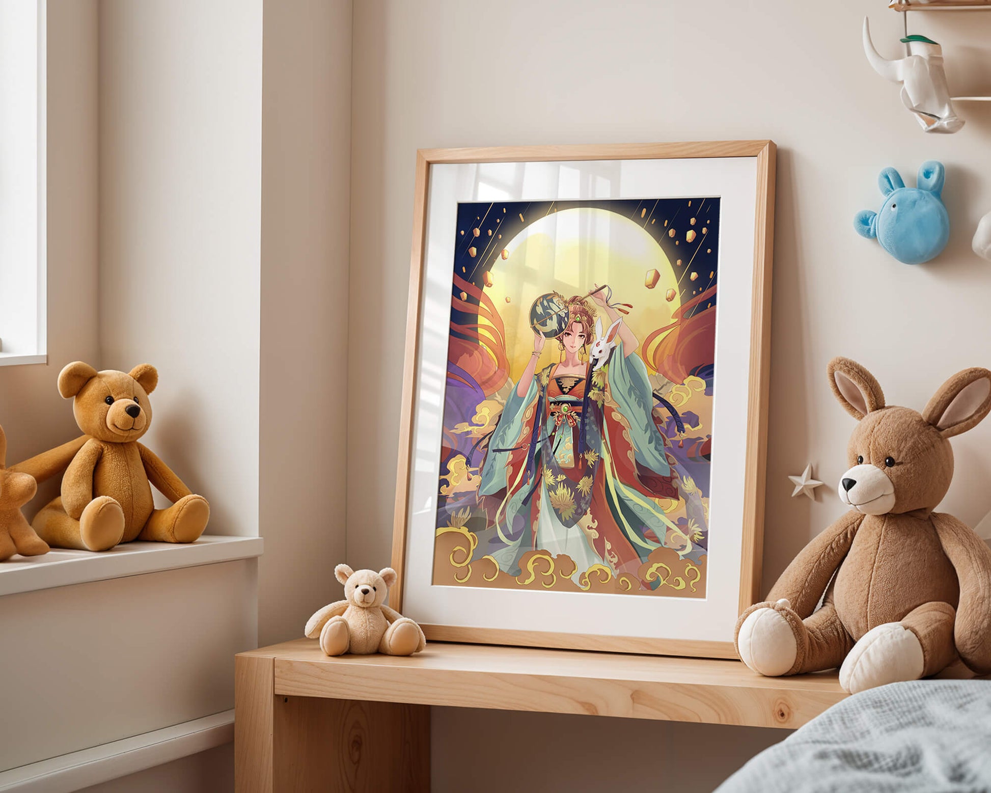 Elegant fantasy illustration with celestial elements and rabbit