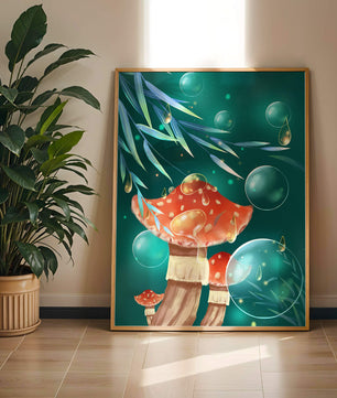 Whimsical forest scene with mushrooms and glowing bubbles