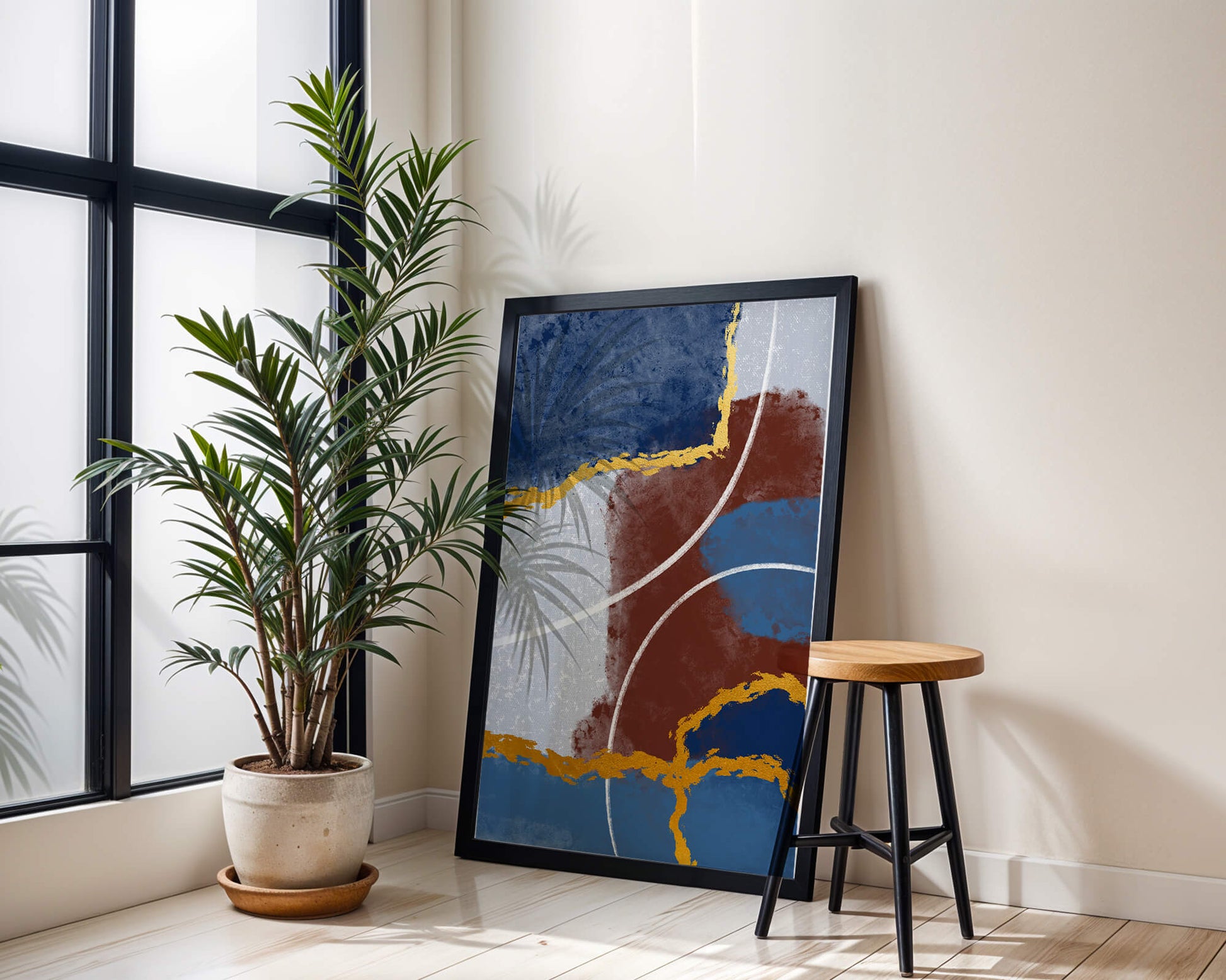 Abstract painting with gold accents and geometric elements