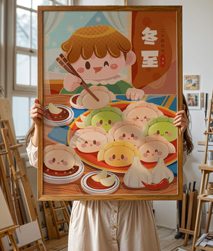 Festive cartoon illustration of a child enjoying dumplings during winter solstice