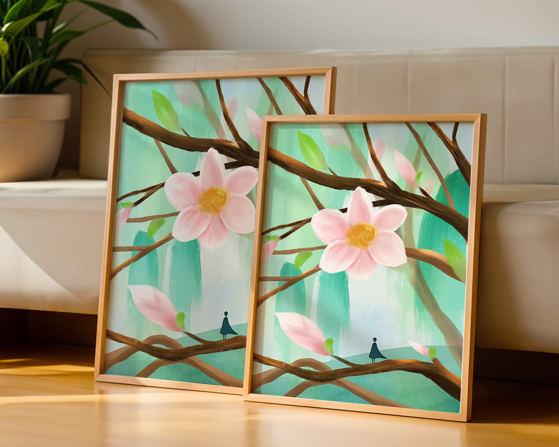 Serene floral artwork with large pink flower on tree branches
