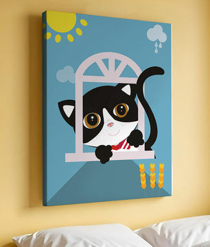 Charming black and white cat peeking through window under bright sun