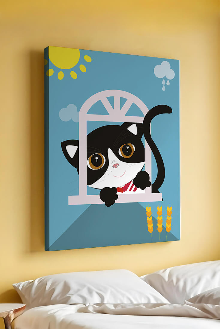 Un encantador gato blanco y negro se asoma por la ventana bajo el sol brillante.