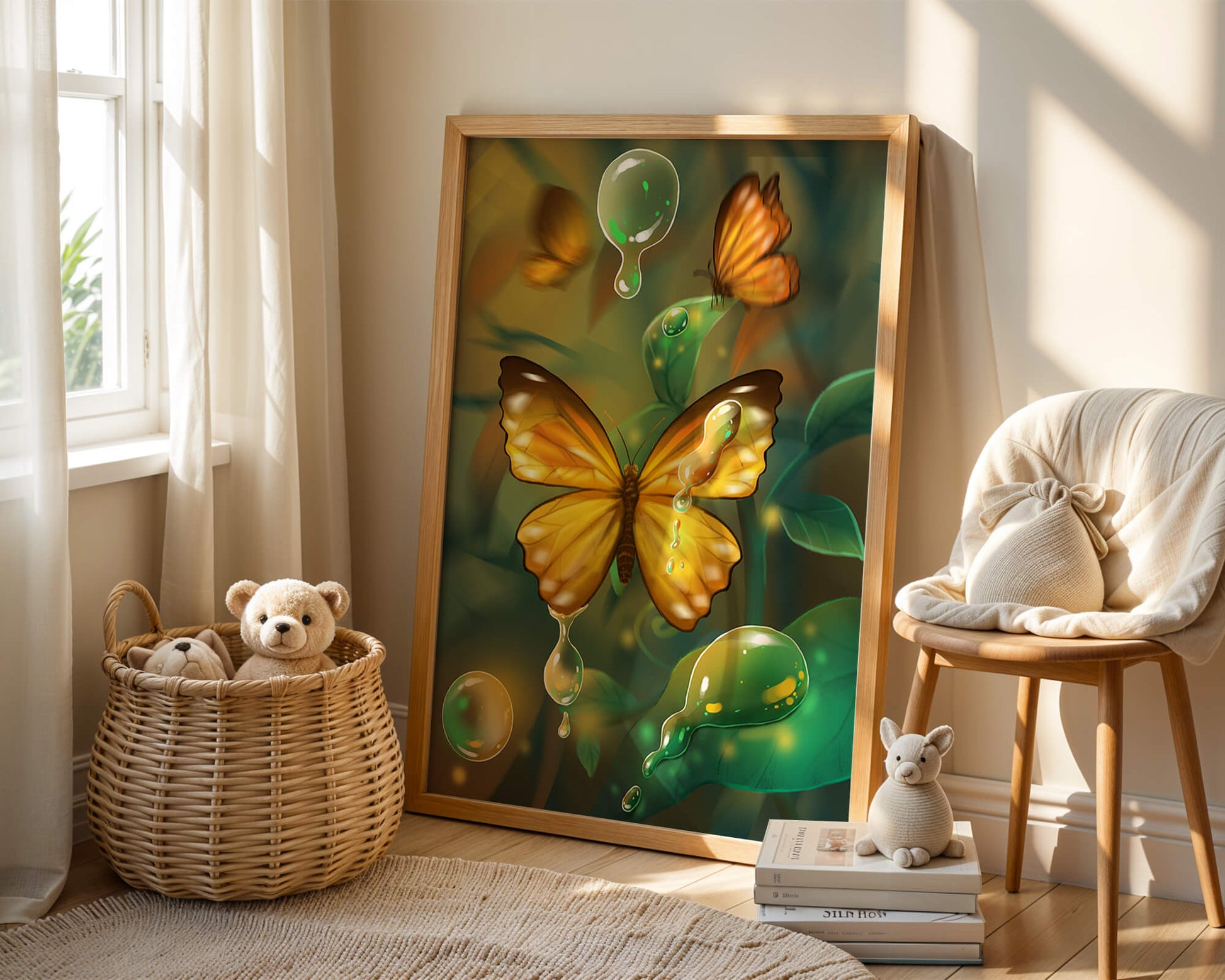 Butterflies Among Dewdrops in a Serene Forest Setting