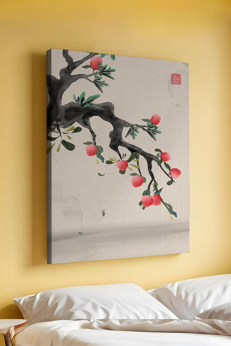 Asian ink painting featuring cherry blossoms on a textured background